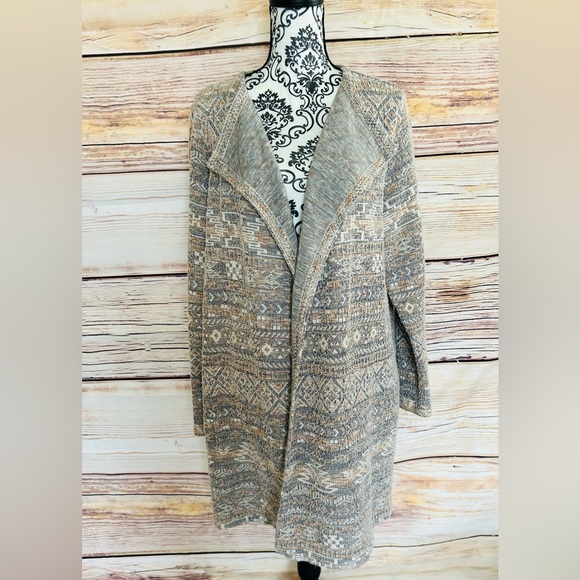 Lucky Brand Women’s Plus Aztec Boho  Open Front Knit Textured Cardigan Sweater - Picture 4 of 14